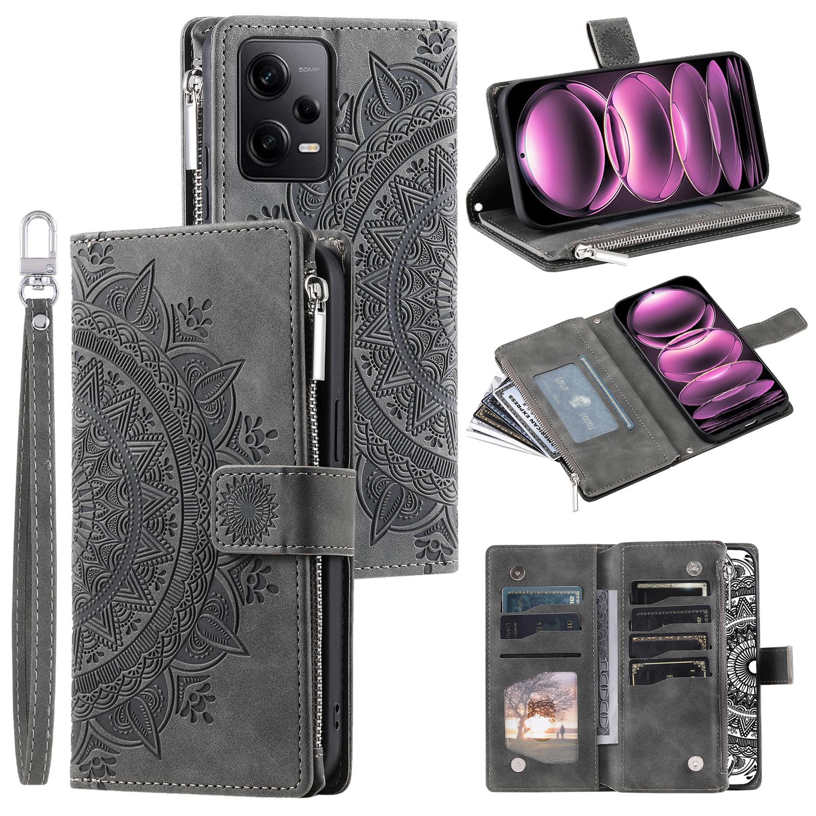 

For Xiaomi Redmi Note 12 Pro 5G/Note 12 Pro Speed 5G/Poco X5 Pro 5G Leather Wallet Stand Cover Mandala Flower Imprint Phone Case Grey