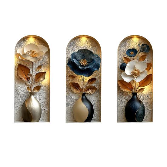 

3 Pcs 3D Flower Vase Wall Stickers Faux Floral Wall Art Decals Peel And Stick Floral Blossom Sticker for Living Room Bedroom Office Home Decor A