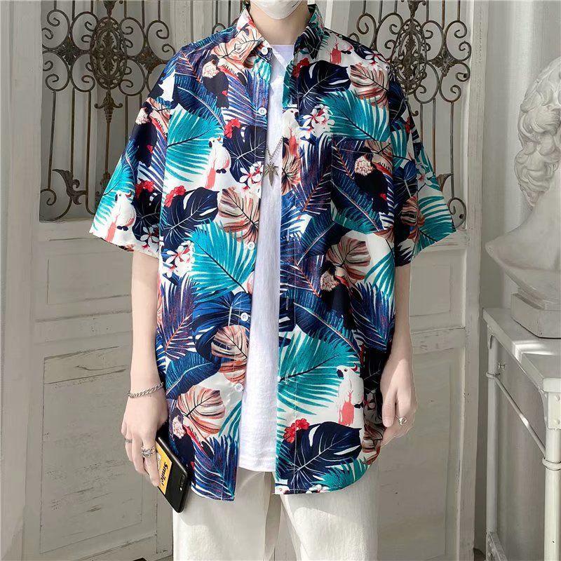Men's Harajuku-Style Retro Floral Short-Sleeve Shirt: Hong Kong Ulzzang Beachwear with Sun Protection, Perfect for Couples.