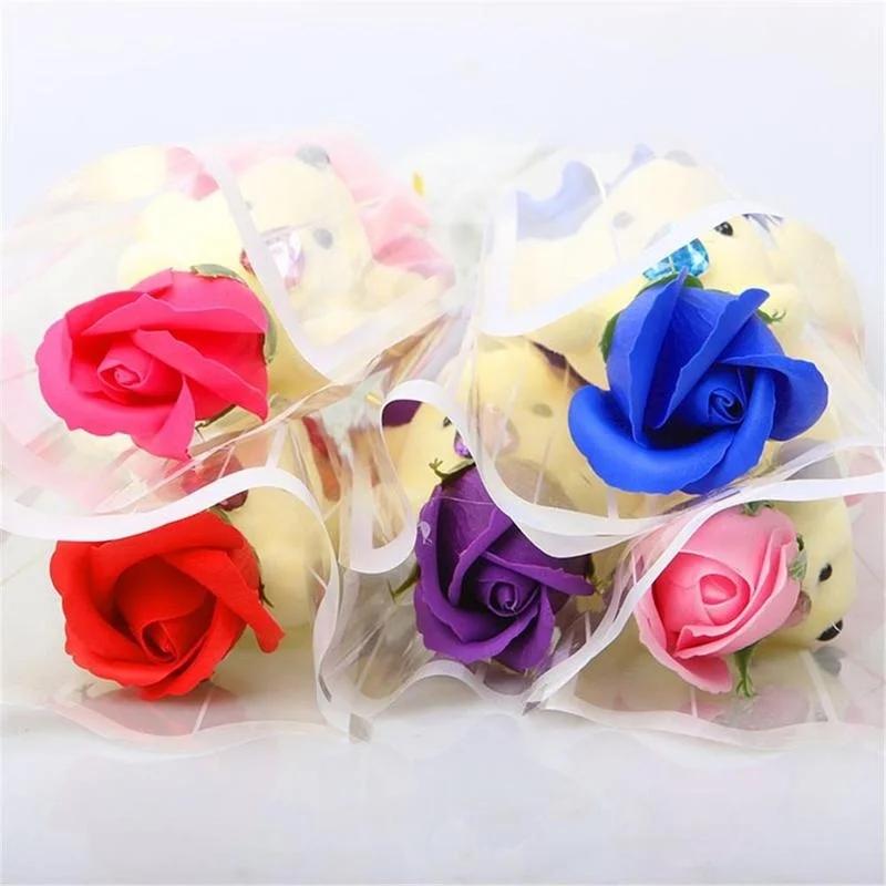 1pc Beautiful Creative Scented Flower Soap Roses With Cute Teddy Bear Christmas Gift Colorful Bear Soap Rose Home Decoration