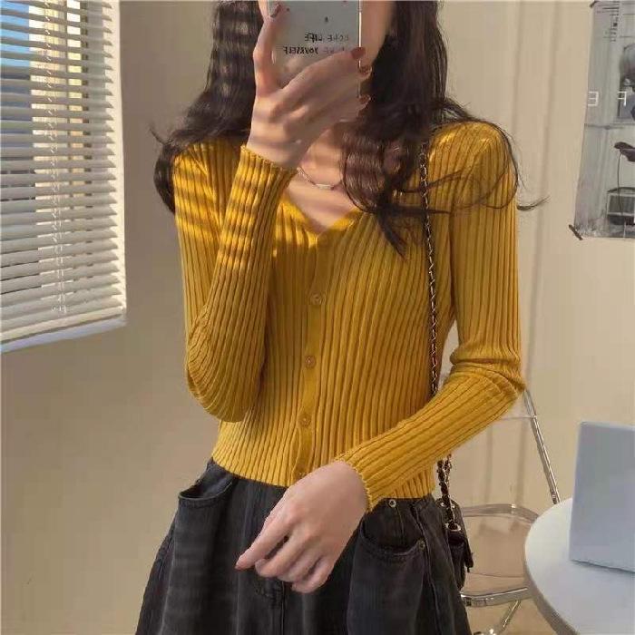 Autumn/Spring Korean Style Slimming V-Neck Ribbed Knit Cardigan Long Sleeve Top for Women Students