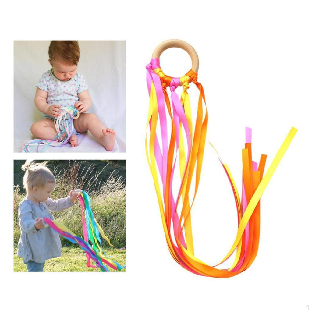 98cm Rainbow Ribbon Pram Toy Dancing Ring Hand Colorful with Wooden