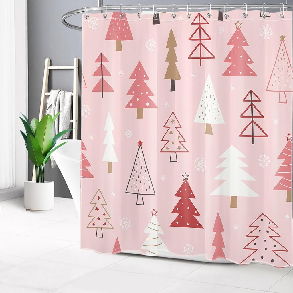 Christmas Shower Curtain for Bathroom,Xmas Pine Tree Forest and White Snowflake on Pink Shower Curtain with Hooks WinterBathroom