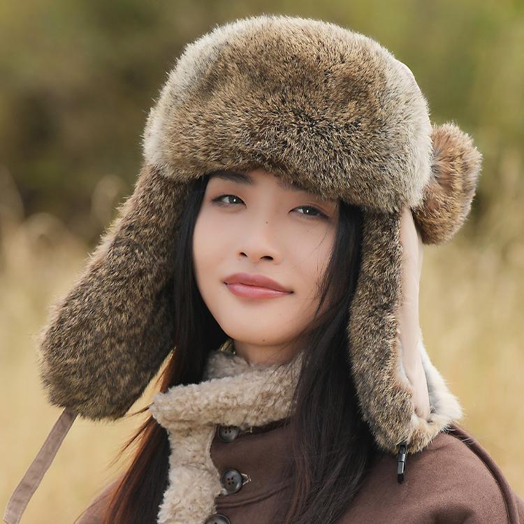 Hat Women's Winter New Rabbit Fur Warm Thickened Ear Protection Outdoor Riding Windproof and Coldproof Lei Feng Hat
