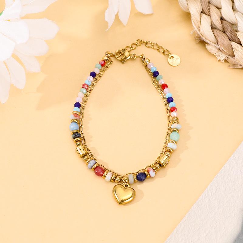 Bohemian Double-Layer Women's Bracelet with Natural Stone, Crystal & Stainless Steel Beads - Peach Heart Design