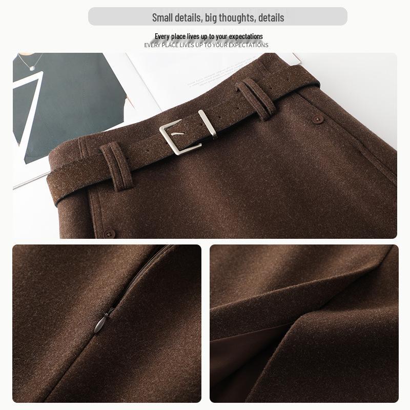 Elegant Woolen Coffee Midi Skirt - Women's Autumn/Winter 2025, Thickened Professional Design, Versatile Style
