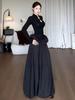 Elegant Plus Size Black Long Sleeve Chinese Style Curvy Dress with Waist-Cinched Bud Skirt - Autumn Collection