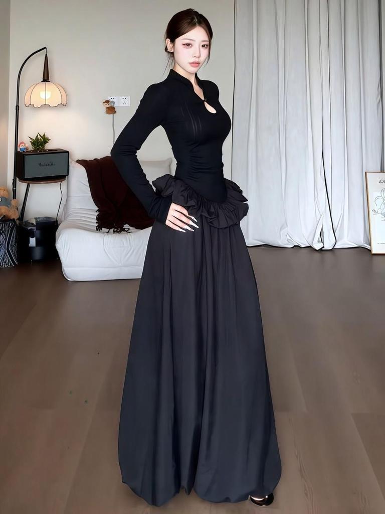Elegant Plus Size Black Long Sleeve Chinese Style Curvy Dress with Waist-Cinched Bud Skirt - Autumn Collection