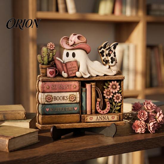 Niche Gothic Room Accessories Halloween Reading Ghost Figurine, Retro Wooden Statue, Vintage Desktop Bookshelf Decor Ornament with Stacked Book