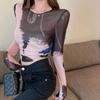 Women See Through Drawstring Mesh Crop Top T-shirt Cut Out Long Sleeve Designer Top