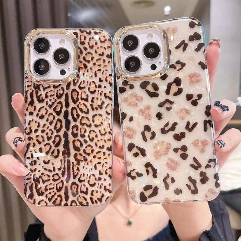 Luxury Rainbow Shell Glitter Phone Case For iPhone 11 12 13 14 15 Pro Max XS X XR 7 8 Plus SE Leopard Print Shockproof Cover