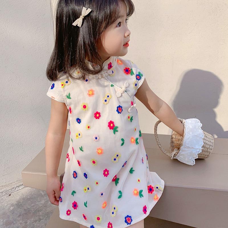 

Платье для маленьких девочек, летнее платье Cheongsam в китайском стиле для детей от 1 до 6 лет, разноцветные платья с цветами для девочек, одежда, платье для младенцев 90