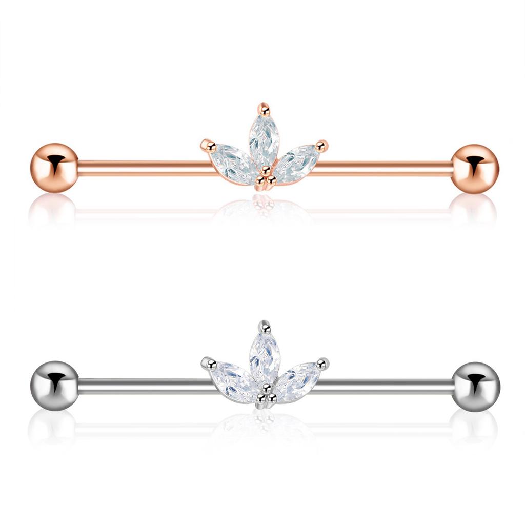 Stylish Industrial Barbell Earrings Stainless Steel Industrial Earrings Featuring Zirconia Leaf Design for Parties