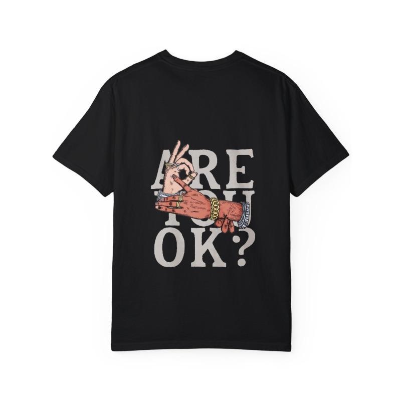White T Shirt with Hand Gesture and Are You Ok Text Graphic for Casual Wear