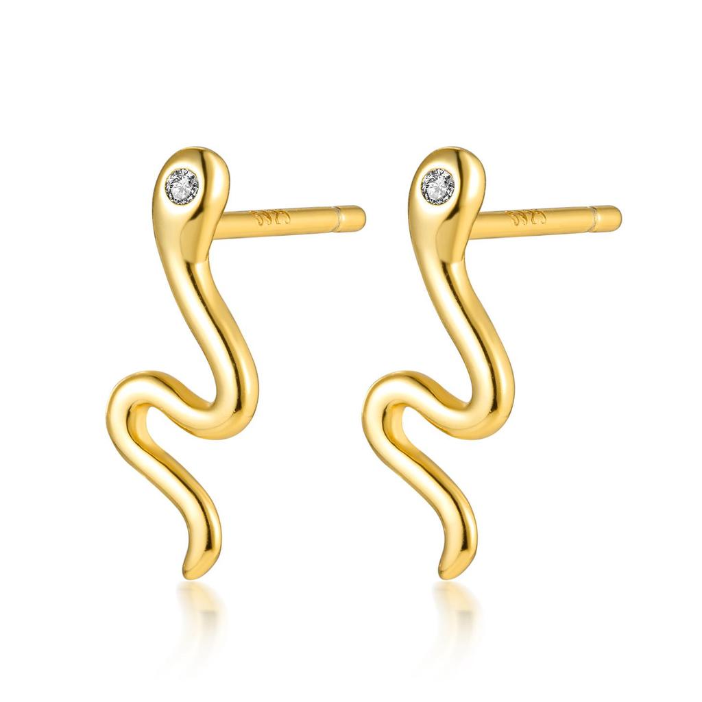 S925 Sterling Silver Snake Zodiac Stud Earrings, Light Gold, Sweet & Cool Niche Design.