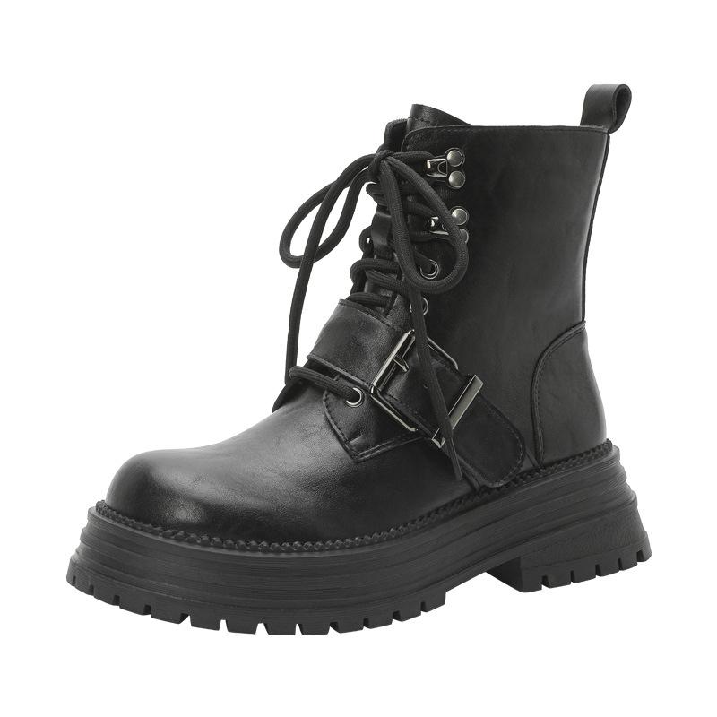 Cowhide~ British Martin boots autumn and winter new polished thick-soled lace-up tooling belt buckle short boots women's locomotive boots