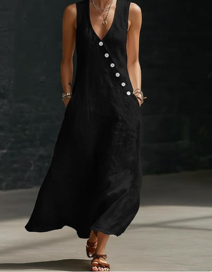 Spring and Summer European and American Lazy Style V-neck Breasted Sleeveless Vest Anti-cotton and Linen Casual Dress