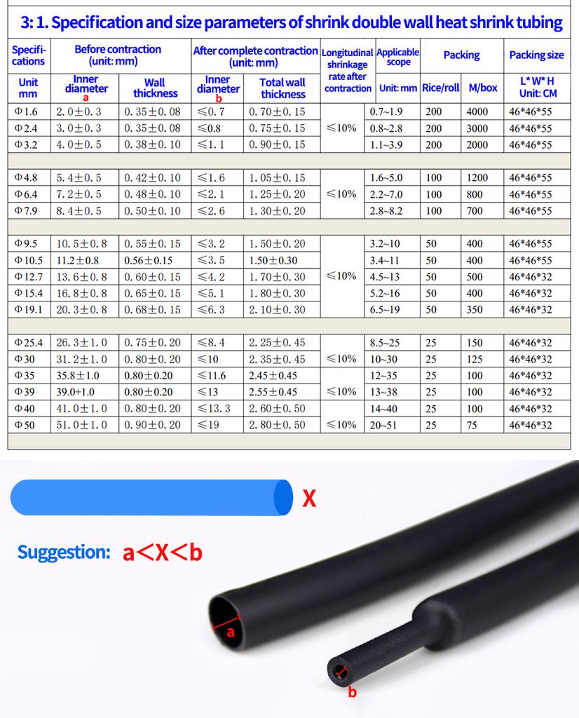 10/50/100M 200Meters Polyolefin Heat Shrink Tube 3:1 Ratio Adhesive Lined Shrink Ratio Insulated Cable Sleeve