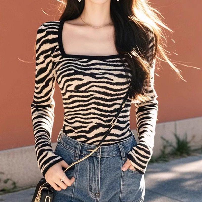 

Женский топ большого размера с бархатным зебровым принтом, квадратным вырезом и длинными рукавами - Стройнящий и выгодно подчеркивающий фигуру, для весны/осени/зимы, базовый слой L зебра печати