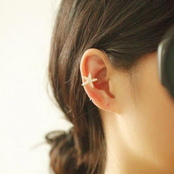 1 Piece Glitter Rhinestone Decor Cute Starfish Pattern Ear Stud Clip Cuff Earring Gift