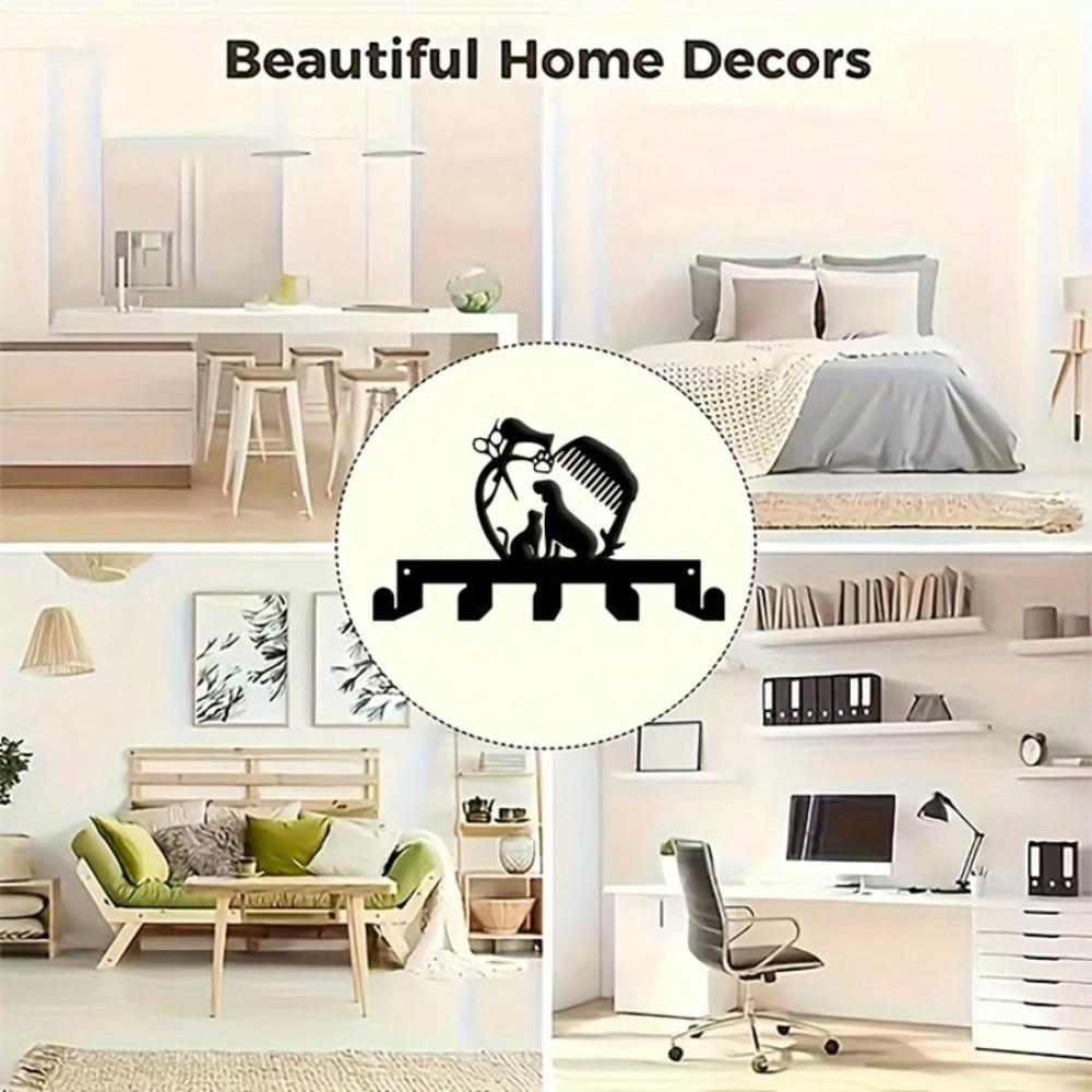 Wrought Iron Dog Theme Wall Mounted Key Holder with 5 Hooks Handmade Metal Art