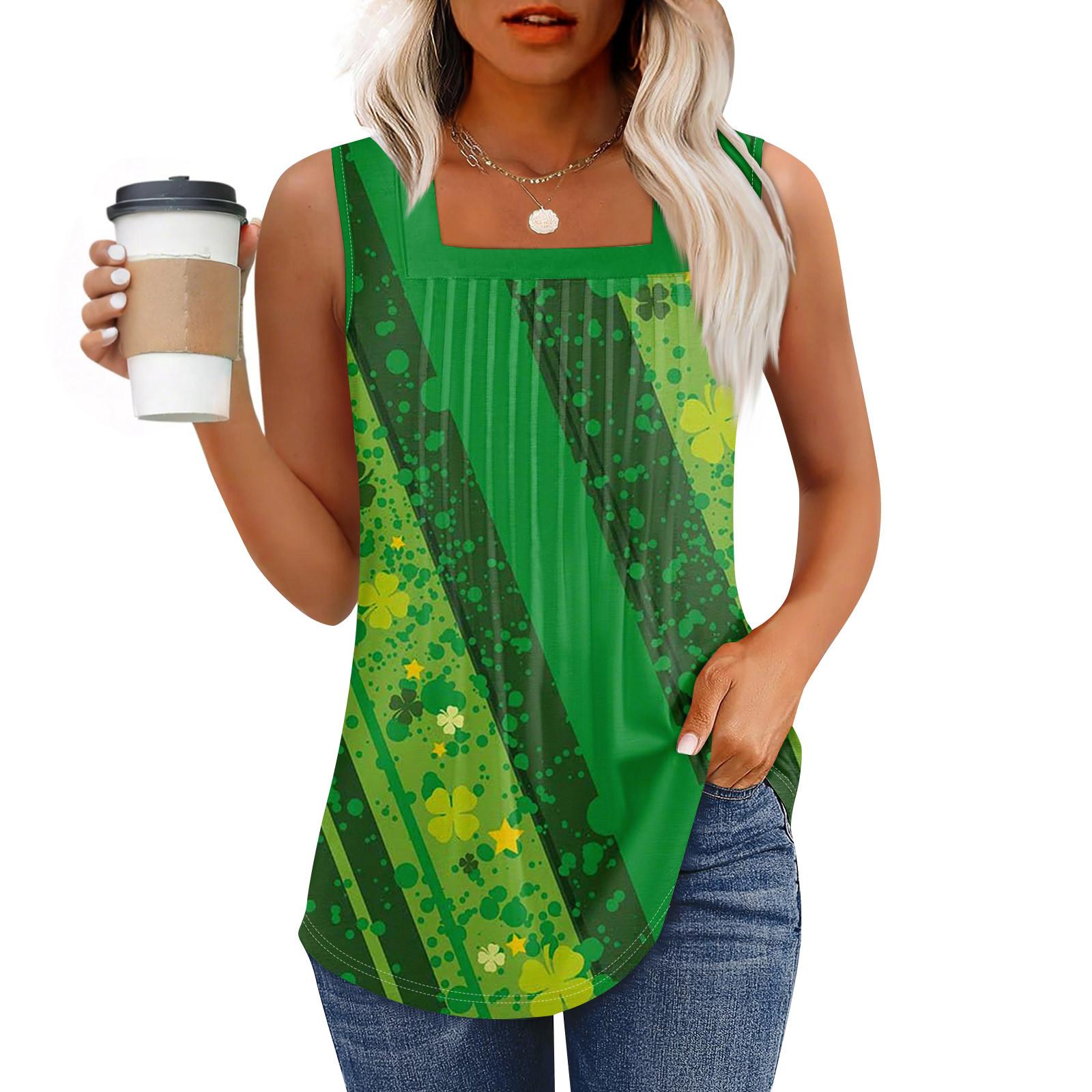 

Майка для женщин летние наряды без рукавов St. Блузки с принтом ко Дню Святого Патрика, свободные рубашки в складку, квадратный вырез S зелёный