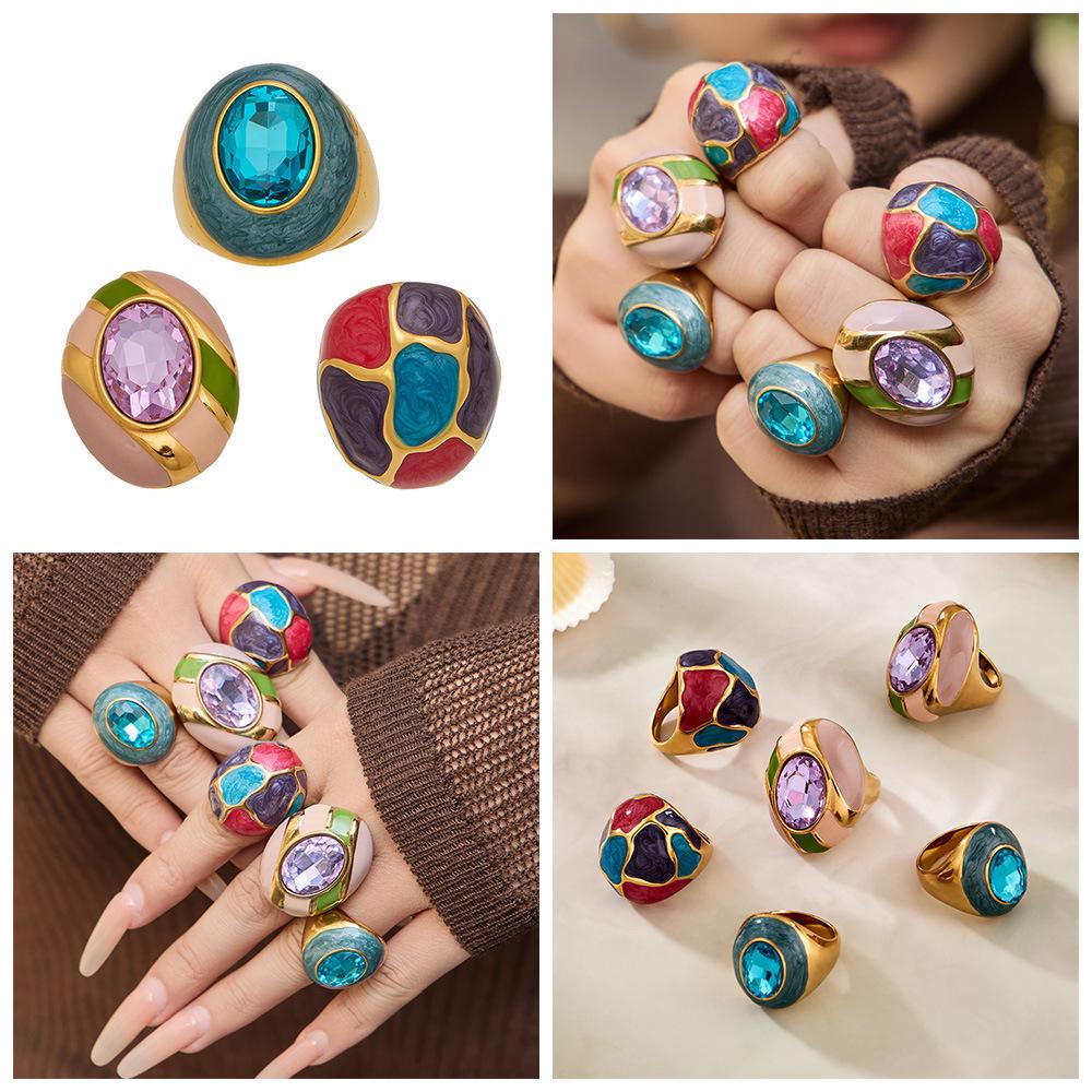 Chic Enamel Glaze Stone Ring: Stylish Handcrafted European-American Stainless Steel Jewelry.