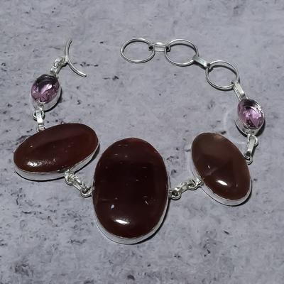 Natural Strawberry Quartz,Kunzite Stone 925 Sterling Silver Bracelet 7-8" H2p09