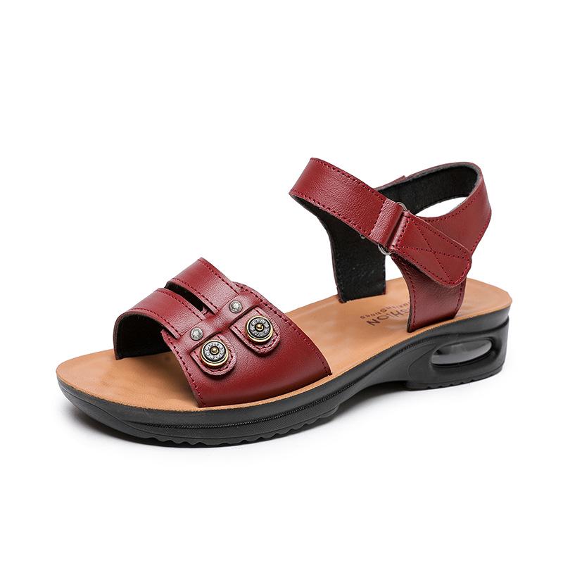 Flache rutschfeste Sandalen für Damen im Sommer für Frauen mittleren Alters, weiches Leder mit Luftkissen