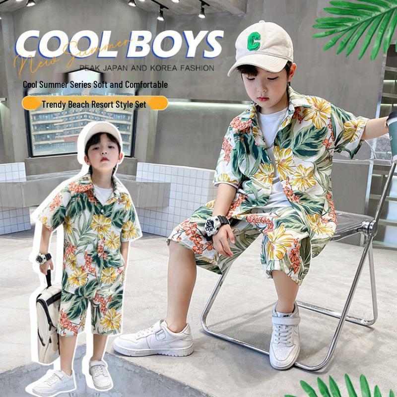 Boys' Hawaiian Floral Shirt & Shorts Set - Stylish Summer Beachwear for Kids
