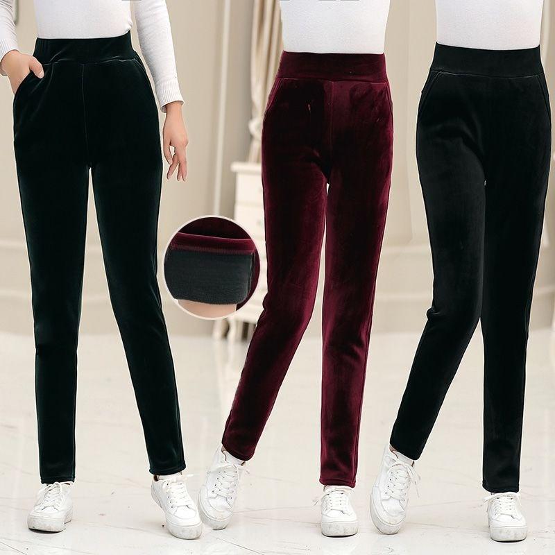 Autumn Winter Women's Fleece-Lined Velvet Pants High-Waist Slim Fit Thickened Warm Plus Size Skinny Pants