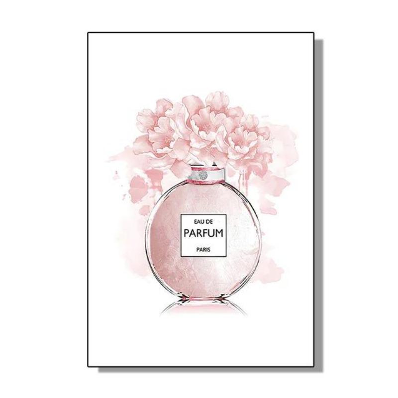 Elegant Perfume Bottle  Pink Flowers Poster Chic Beauty Fashion Canvas Art for Modern Home Living Room Wall Decor
