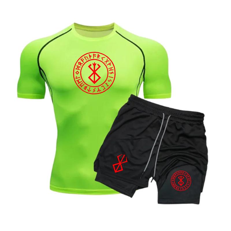 Men's Anime Double-Layer Quick-Dry Shorts & Tee Set for Outdoor Running & Fitness
