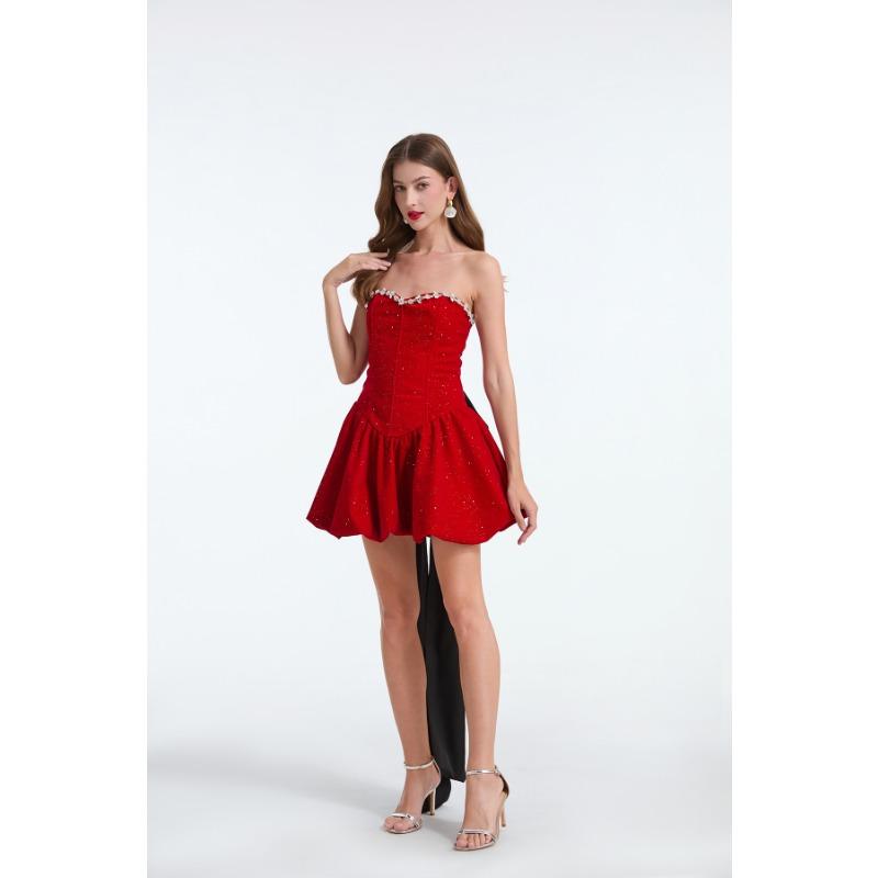 Summer Women Sexy Strapless Open Back Beading Velvet Slim Mini Short Evening Party Ball Gown Dresses