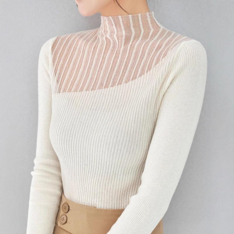 Semi-turtleneck Lace Mesh Splicing Bottoming Shirt Women's Autumn New Slim-fitting Inner Micro-transparent Silk Wool Knitted Sweater