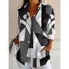 Übergröße, Mode Lässig Colorblock Print Damen Übergröße Langarm Hemd mit Knöpfen