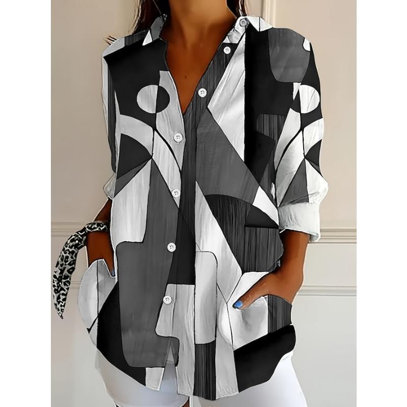 Taglie Comode, Moda Casual Stampa Color Block Camicia da Donna a Maniche Lunghe Button-Up Taglie Comode