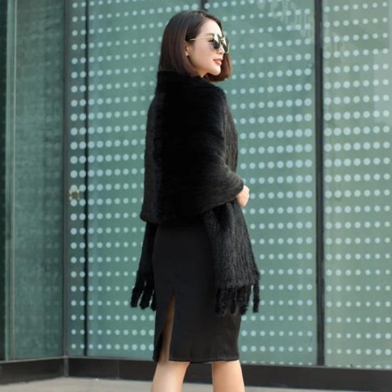 

Женские вязаные шали-пашмины из натурального меха норки длинного фасона, зимний шарф из натурального меха норки, женская шаль из натурального меха норки 180cm x 58cm чёрный