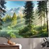 Misty Forest Tapestry, Serene Pine Trees With Sunbeams And Snowy Mountain Wall Art For Nature Lovers And Calm Room Decor