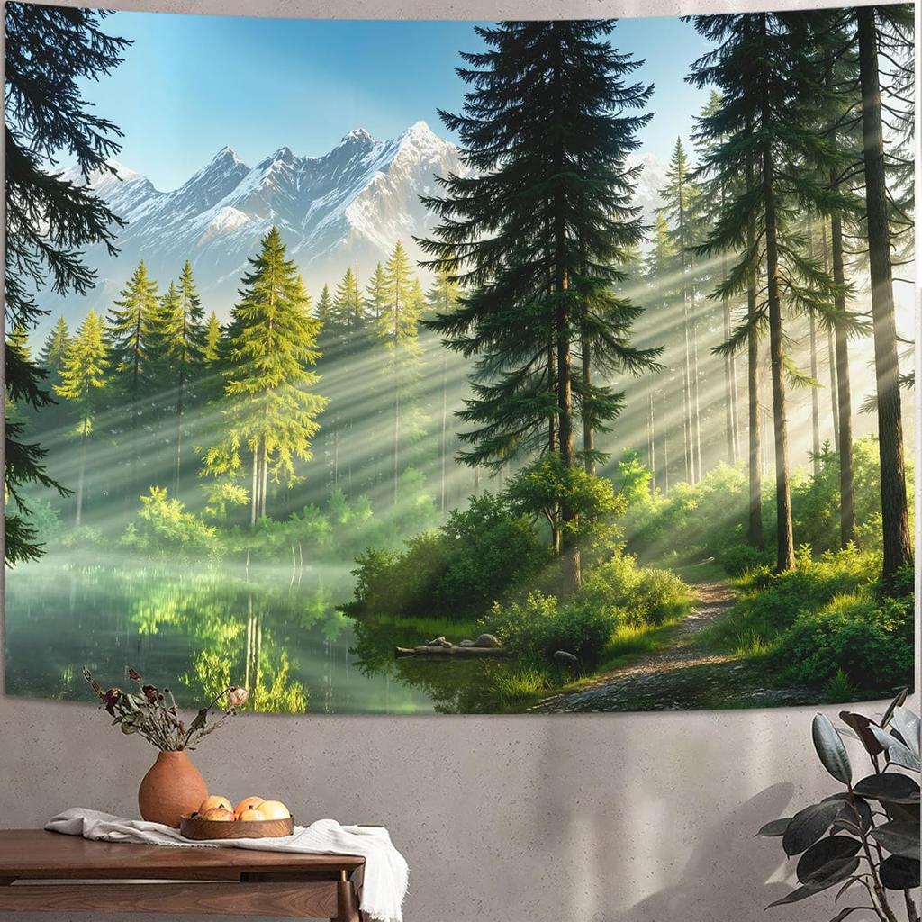Misty Forest Tapestry, Serene Pine Trees With Sunbeams And Snowy Mountain Wall Art For Nature Lovers And Calm Room Decor