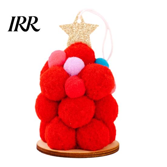 Round Plush Christmas Balls Tree Ornament, Cute Pom Tree-Shaped Hanging Pendant Contemporary Decorations with Star Topper for Wreath Home Party красный