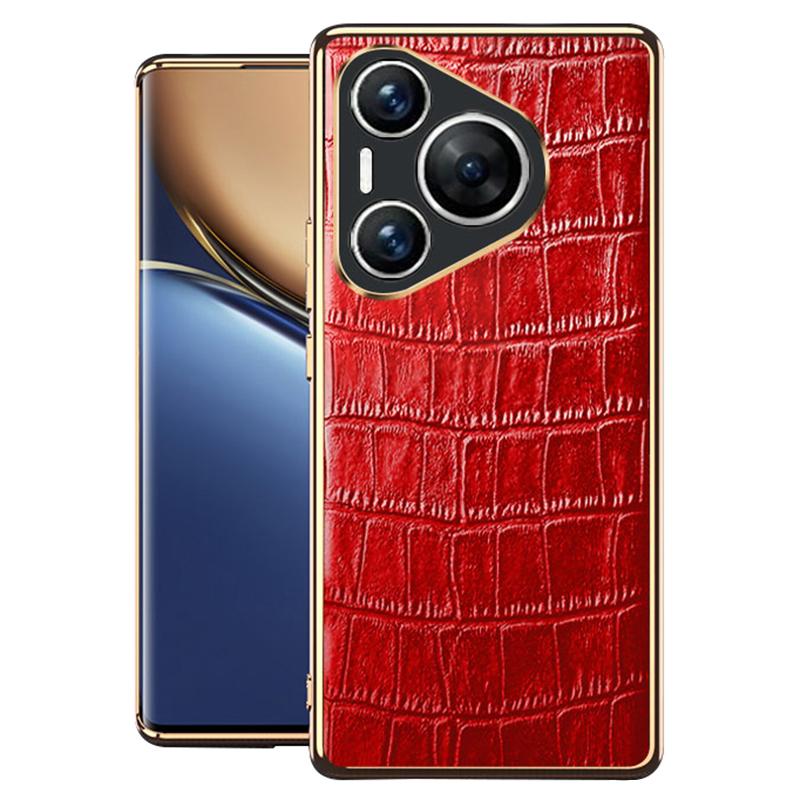 

For Huawei Pura 70 Case Crocodile Texture Genuine Cow Leather+TPU Phone Cover Red