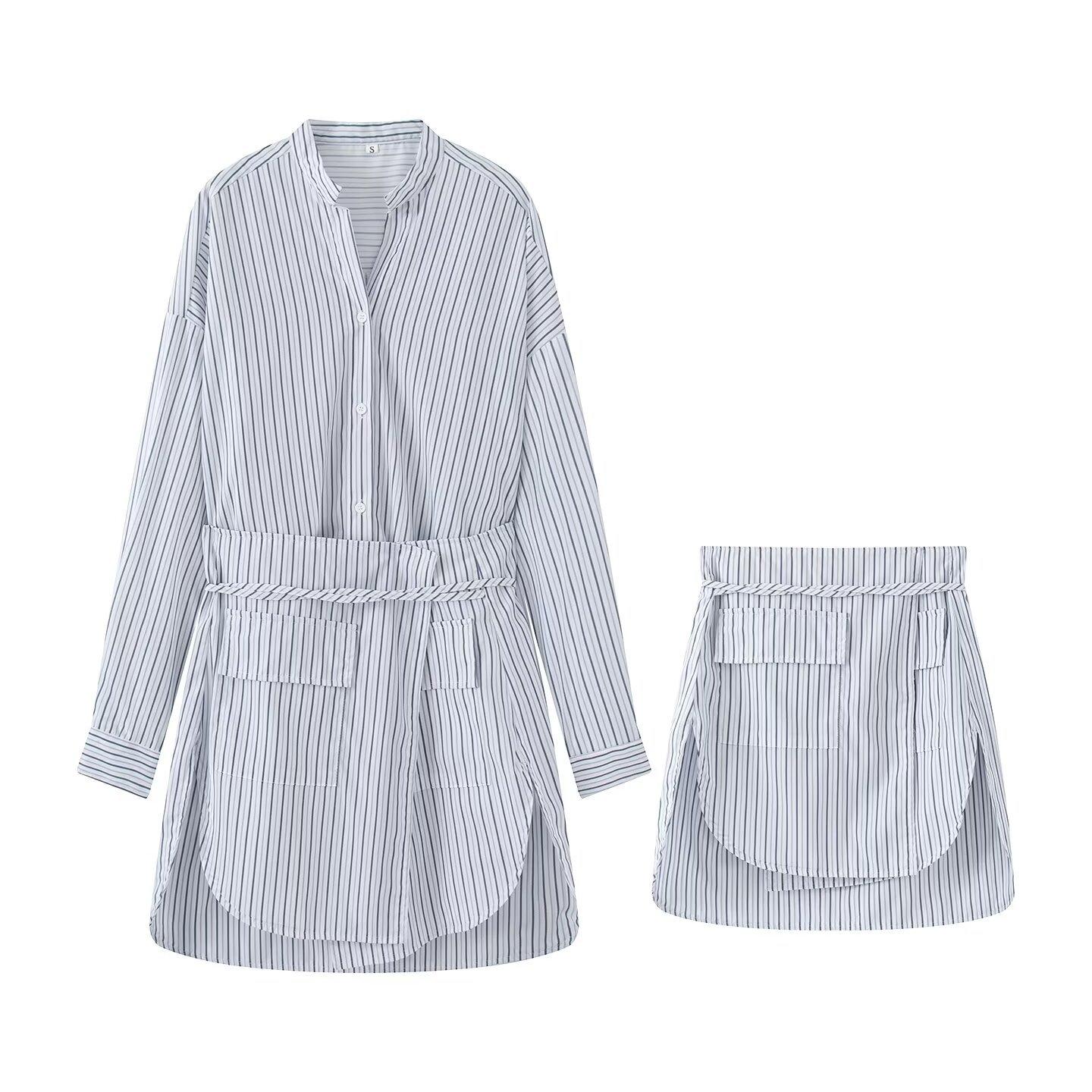 2026 summer new striped shirt dress women s casual fashionable design shirt hip skirt + skirt set S