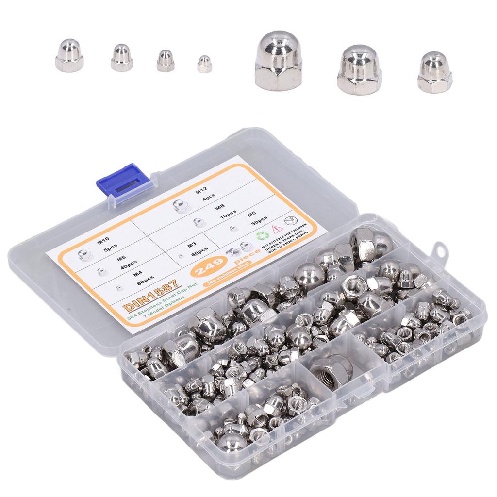 249Pcs Acorn Hex Cap Nuts Assortment Kit M3?M12 DIN1587 304 Stainless Steel Bright Finish