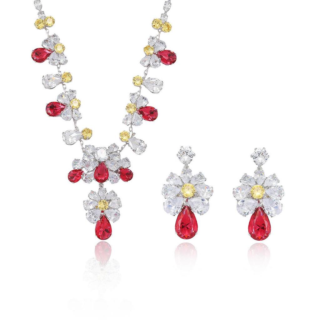 European and American Style Colorful Zircon Plum Blossom Necklace and Earrings Set