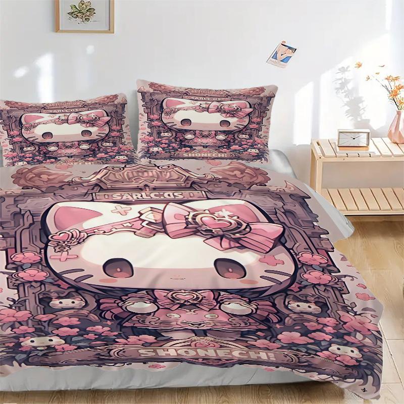 

3pcs Pink Hello Kitty Quilt Set Cartoon Themed Bed Quilt Set Lovely Character Bedroom Decor Bed Quilt Set Four Seasons (1 Cover + 2Pillowcase NO 135x200cm