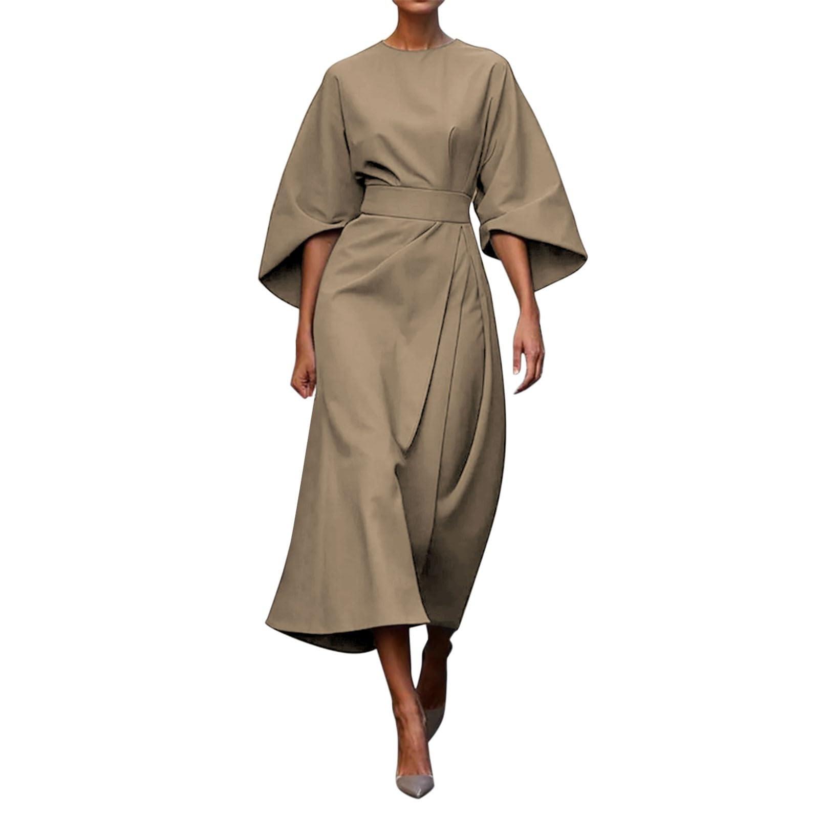 

Женское модное однотонное элегантное повседневное платье с длинными рукавами и приталенным лифом L хаки