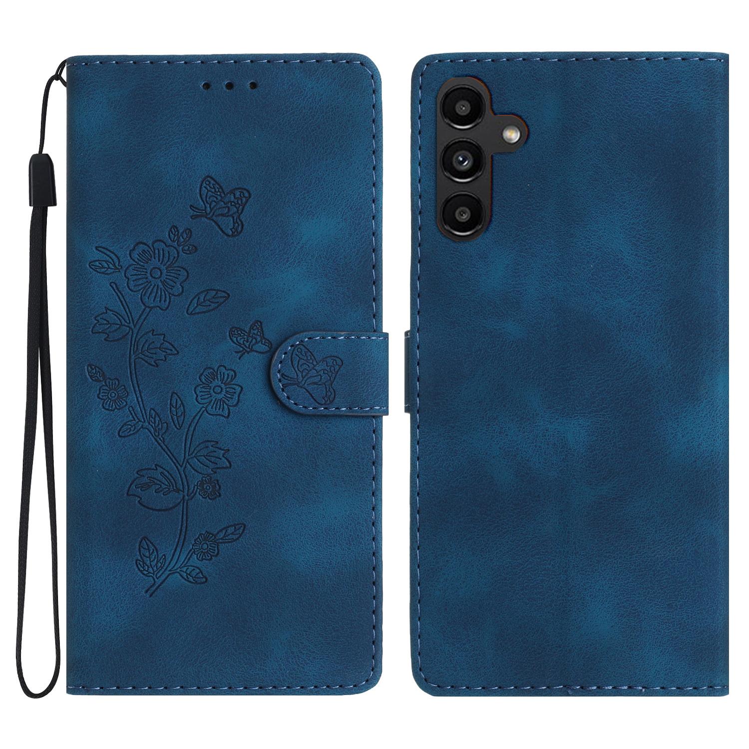 

For Samsung Galaxy A16 5G/A16 4G Case Leather Imprinted Flower Phone Cover Wallet with Wrist Strap Blue