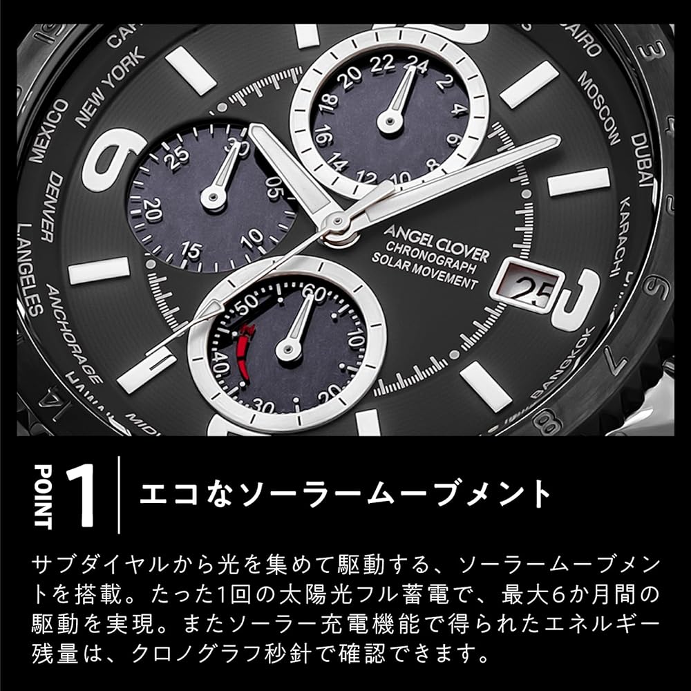 AngelClover Men's Watch, MONDO SOLAR NMOS44SBRE-RE, Solar Battery, 100m Water Resistance, Mineral Glass, Red Dial, Stainless Steel