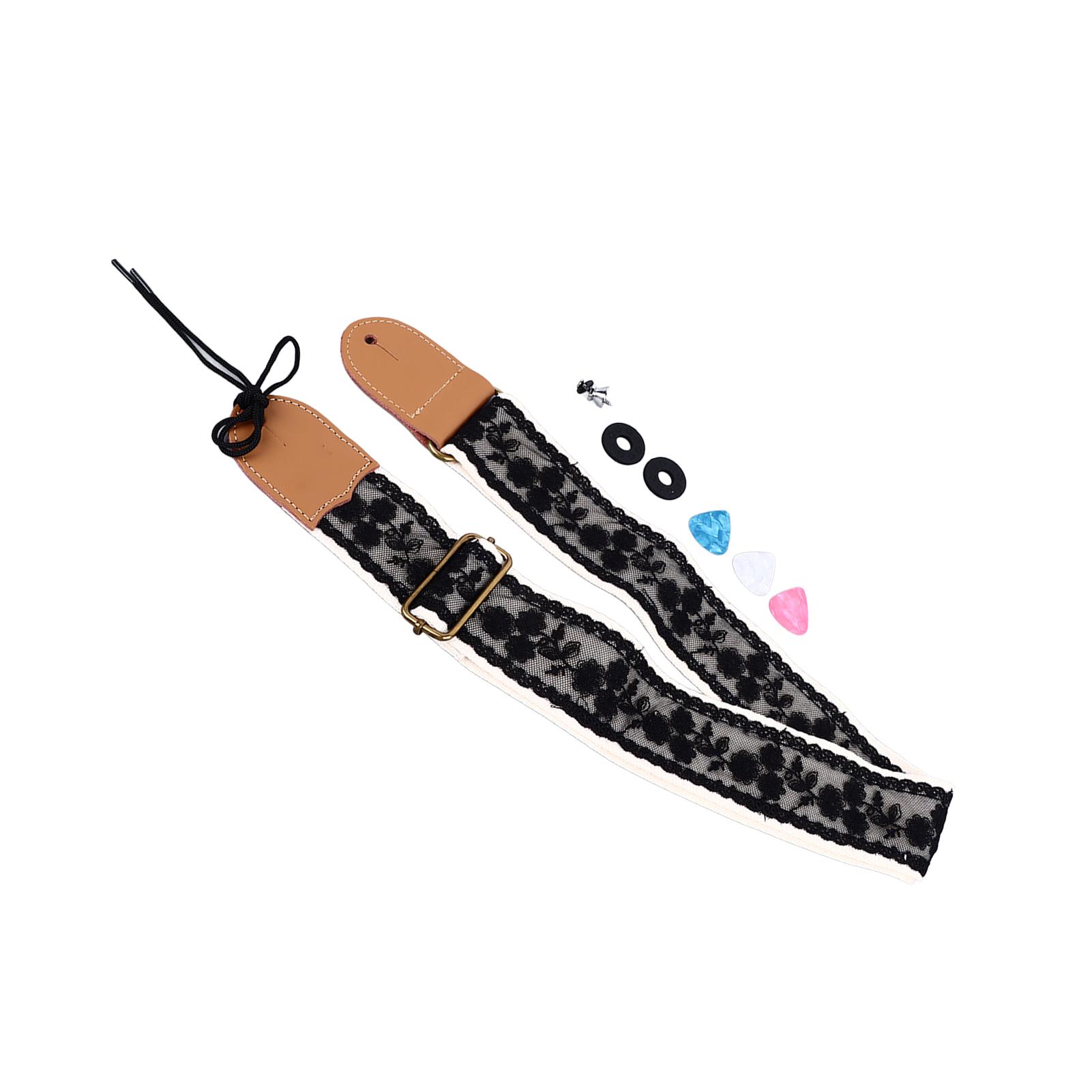

Guitar Strap Black Lace Embroidered Pattern Leather Nylon Shoulder Strap with Picks for Electric Acoustic Guitar Bass